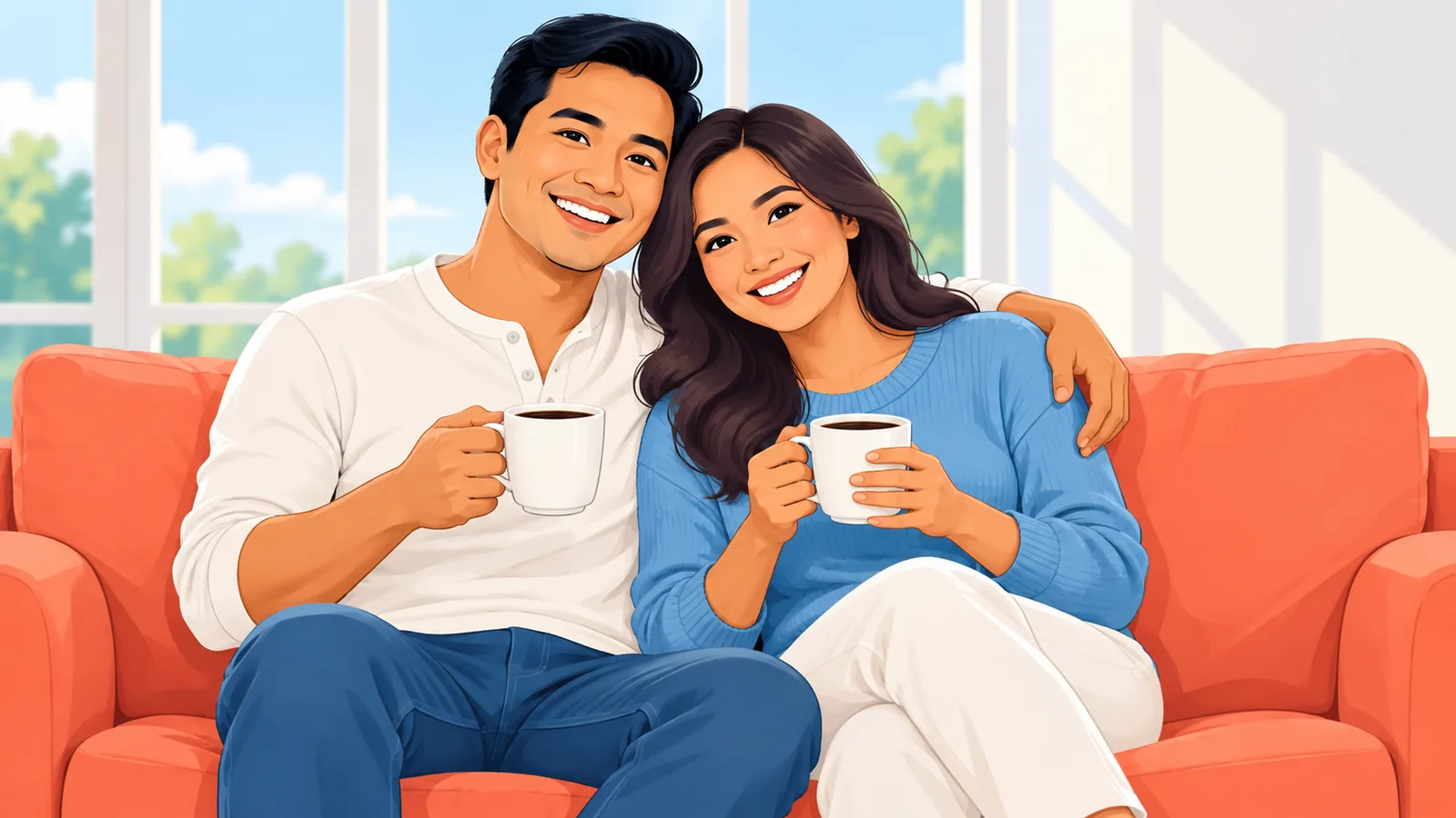 Magkapareha na nakaupo sa sofa at masayang nag-uusap