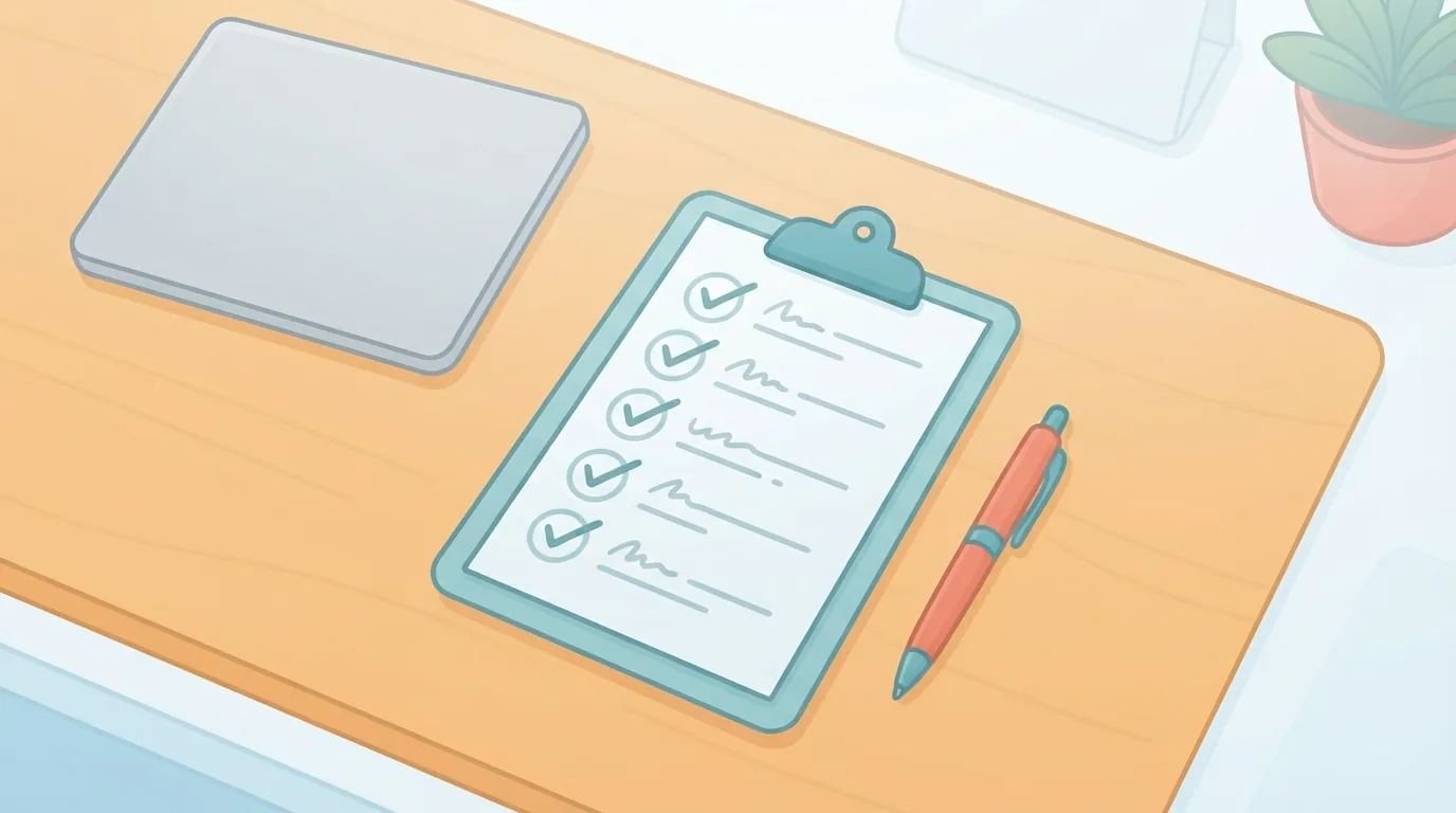 Checklist na may mga markang tsek sa clipboard sa ibabaw ng mesa