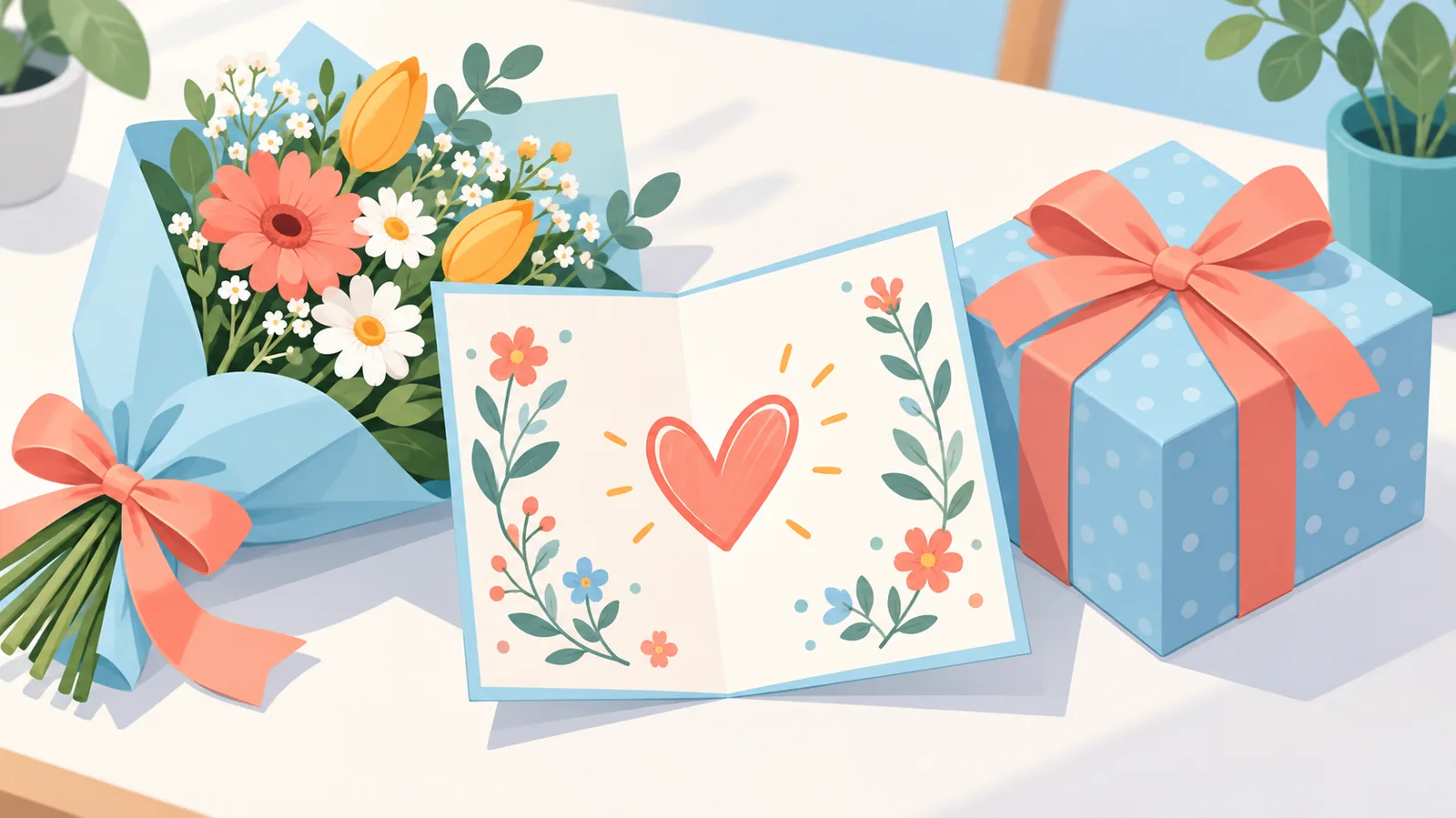 Kard na may magaan na mensahe at bulaklak