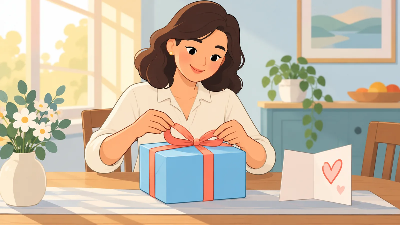 Babaeng nagbabalot ng regalo na may kasamang kard