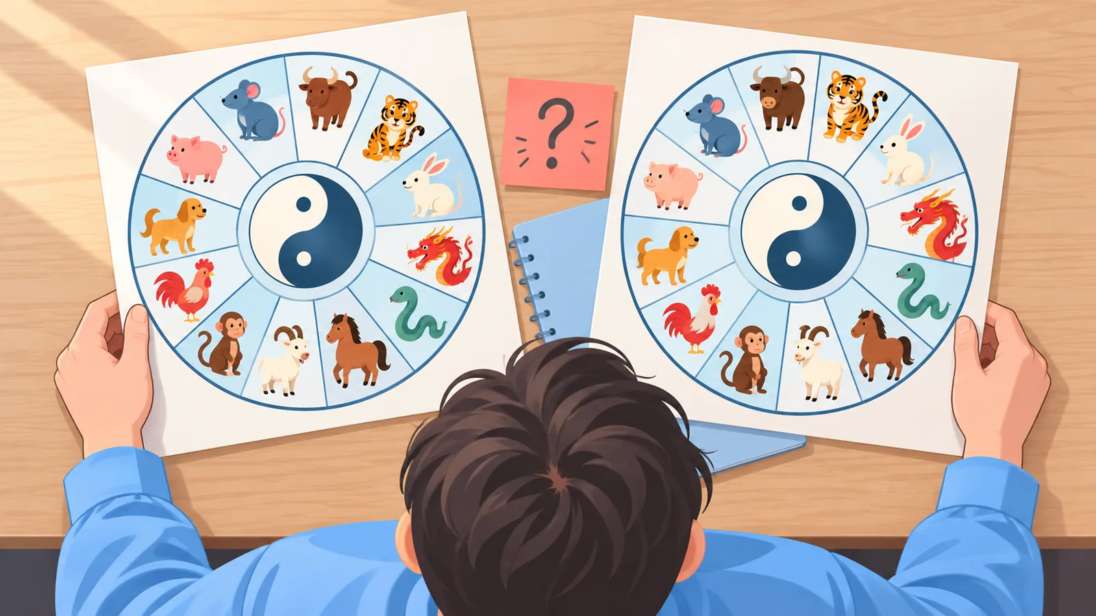 Taong naghahambing ng dalawang tsart ng zodiac na Tsino sa mesa