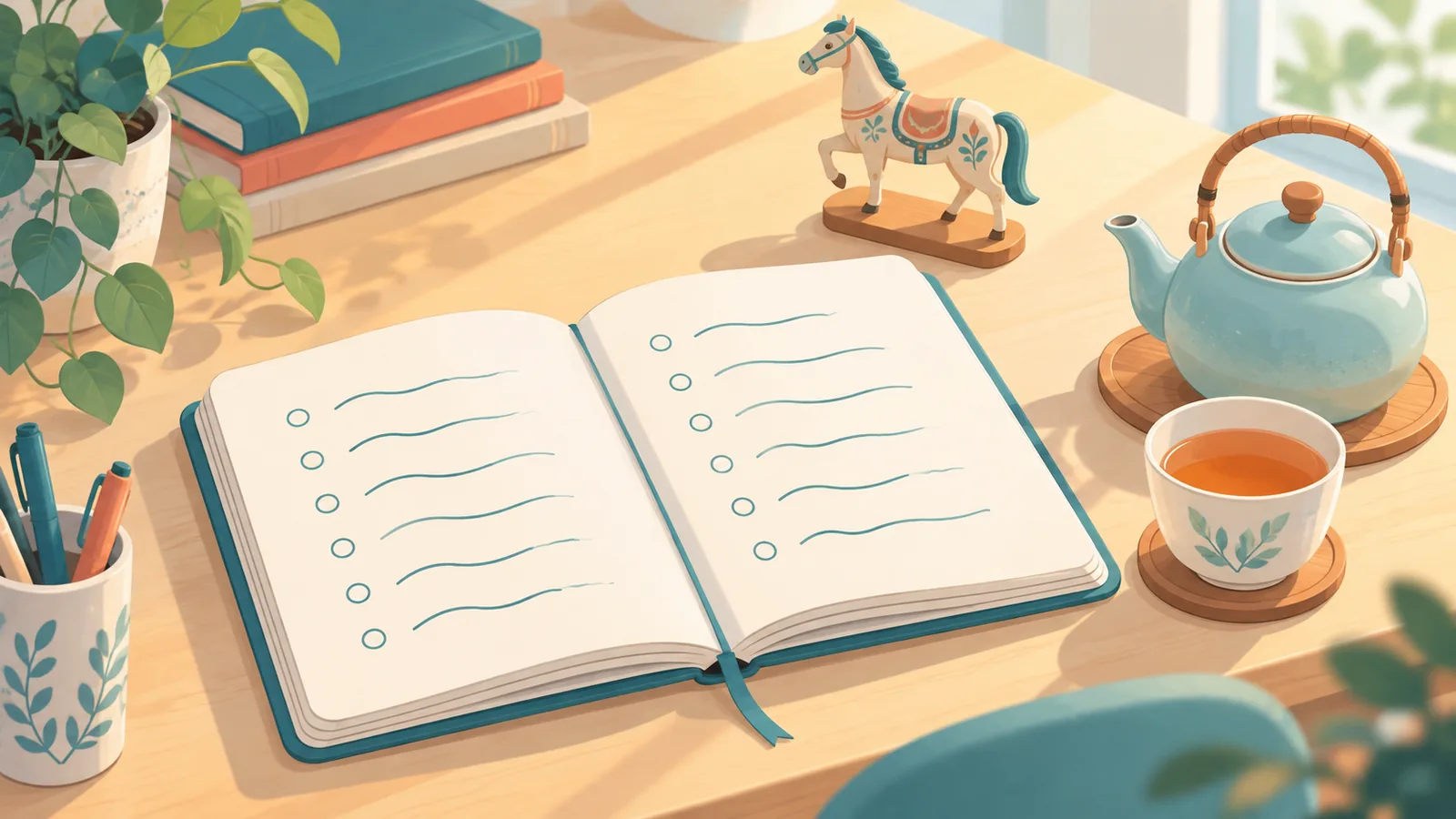 Notebook na may listahan ng mga tanong at pigurin ng kabayo
