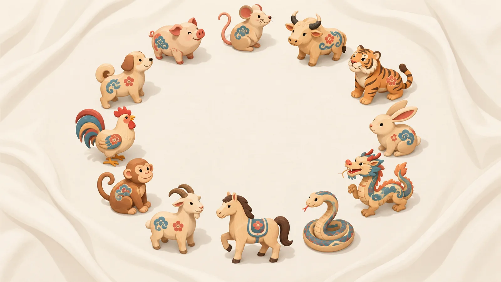 Labindalawang maliit na inukit na kahoy na hayop ng zodiac na nakaayos sa bilog
