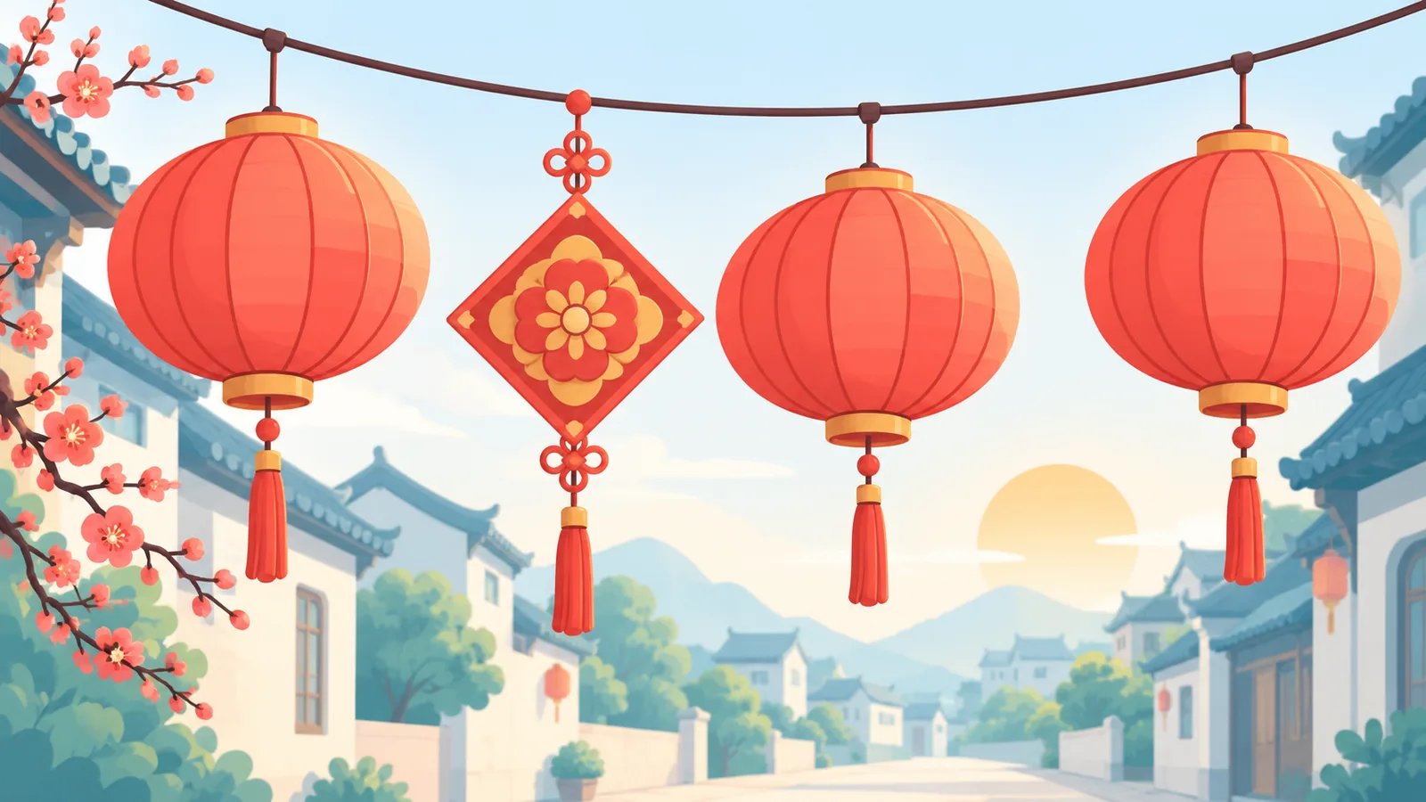 Pulang parol at dekorasyon ng Chinese New Year sa kalye tuwing umaga