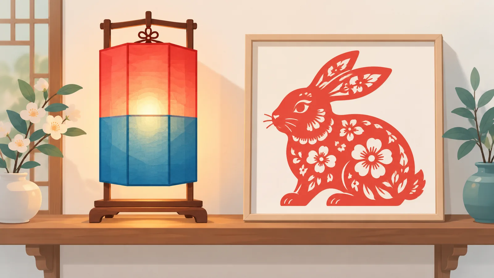 Parol na Koreano at papel na ginupit na hayop ng zodiac na Tsino sa estante