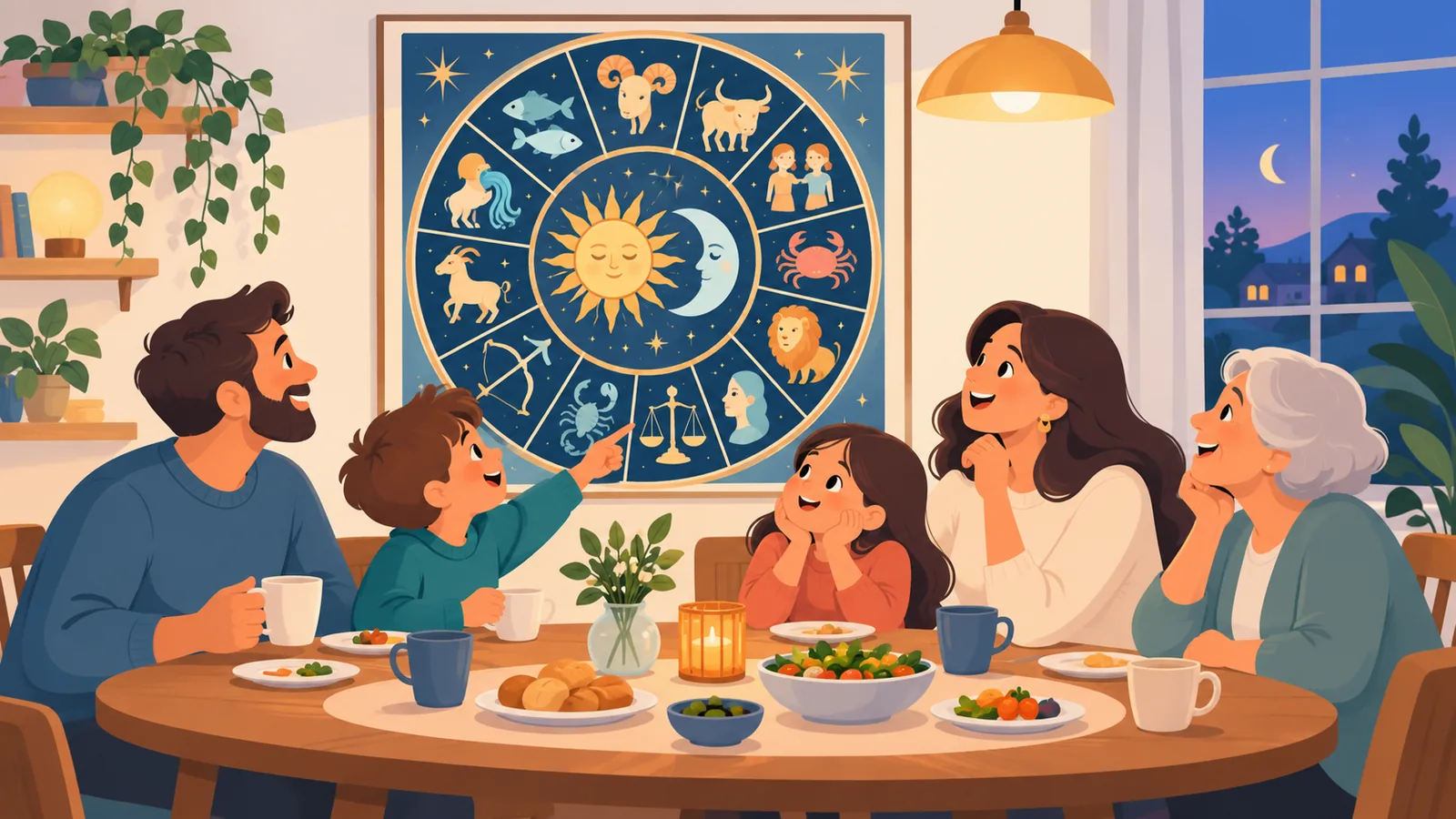 Pamilyang masayang nag-uusap sa hapag-kainan habang tinitingnan ang poster ng zodiac