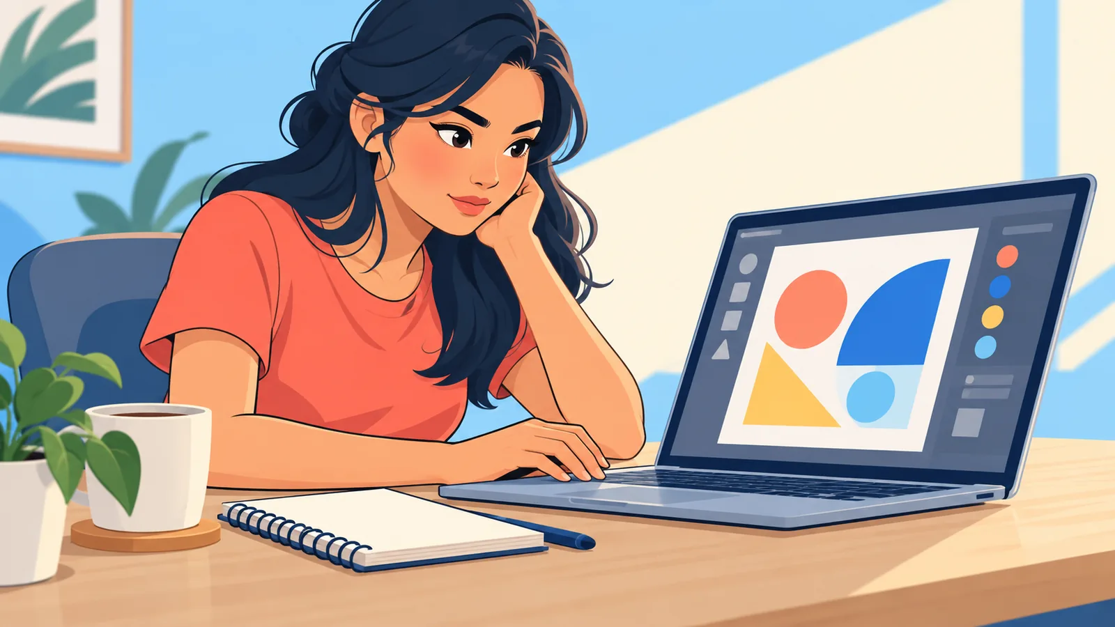 Babaeng nagdidisenyo sa laptop sa kanyang mesa sa bahay