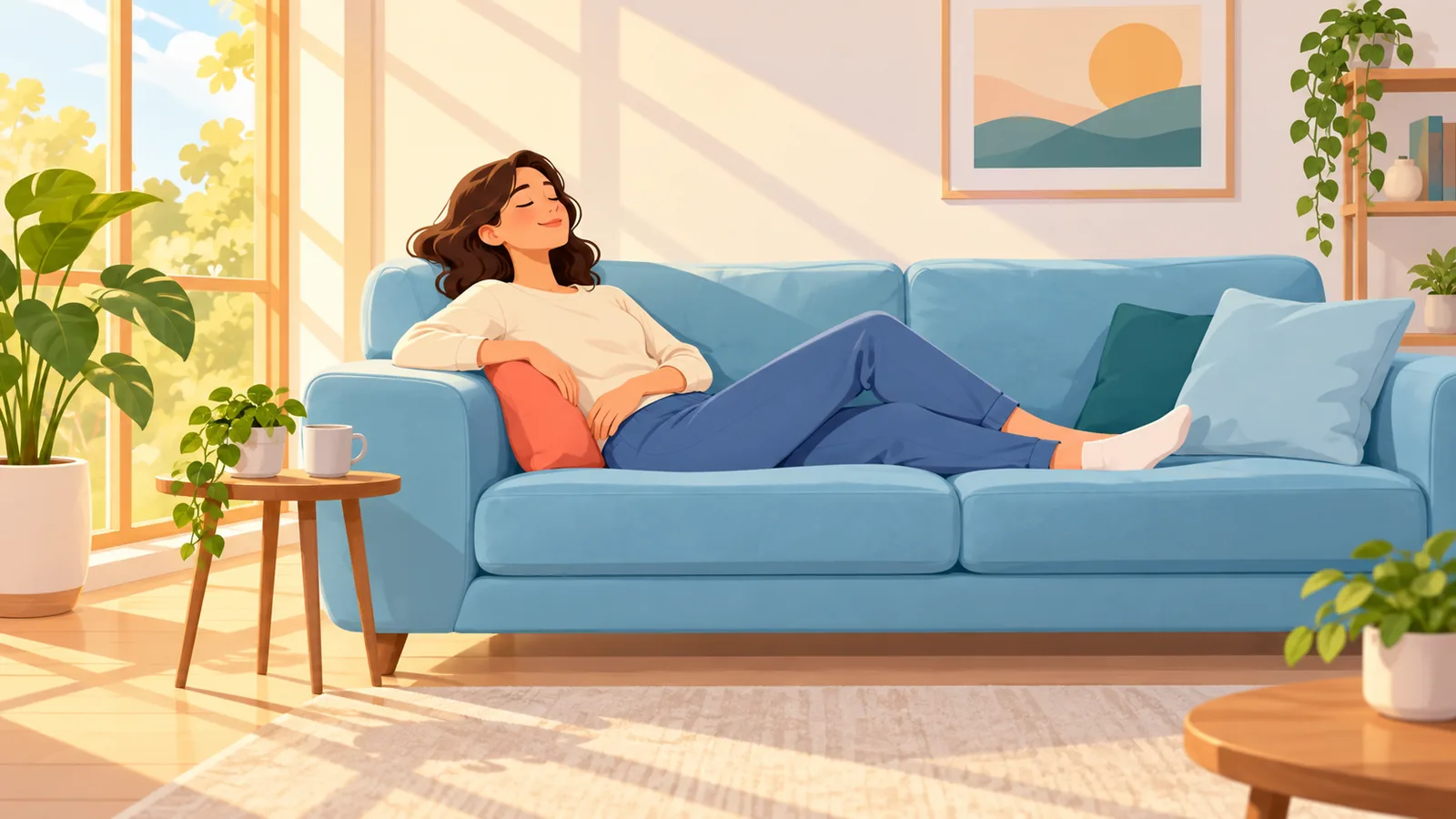 Taong nagpapahinga sa sofa na may unan sa likod