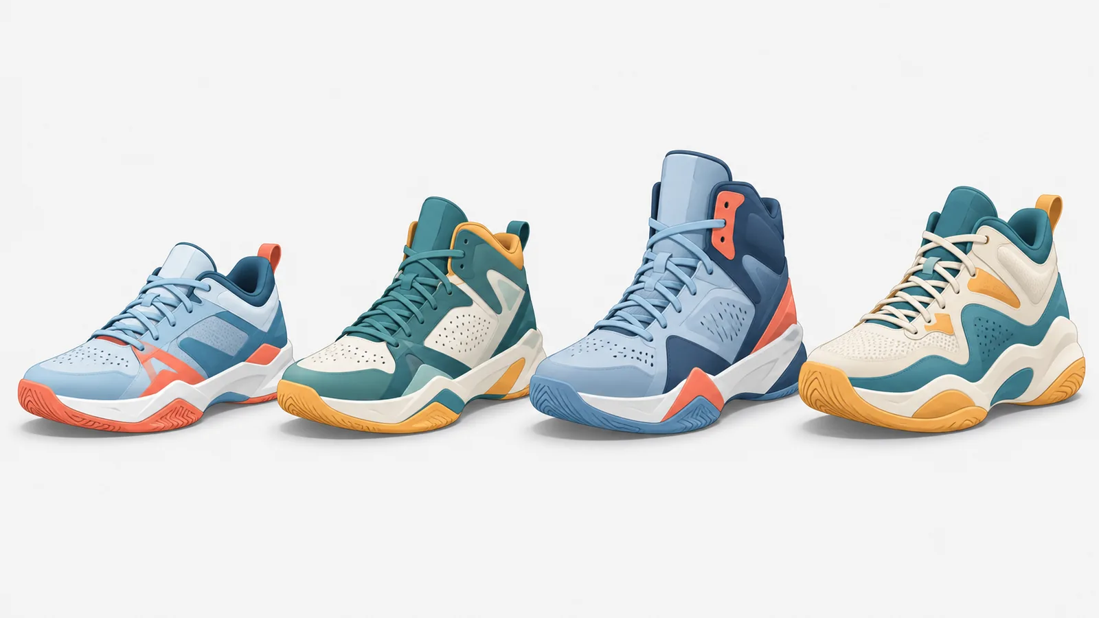 Apat na magkakaibang basketball shoes na nakahanay para ikumpara