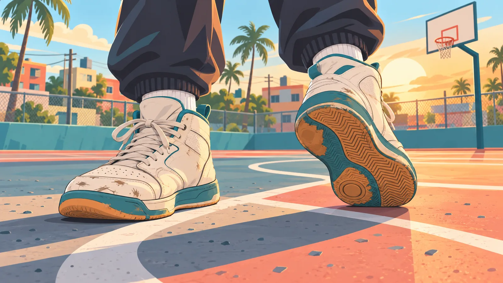 Basketball shoes sa magaspang na semento ng outdoor court