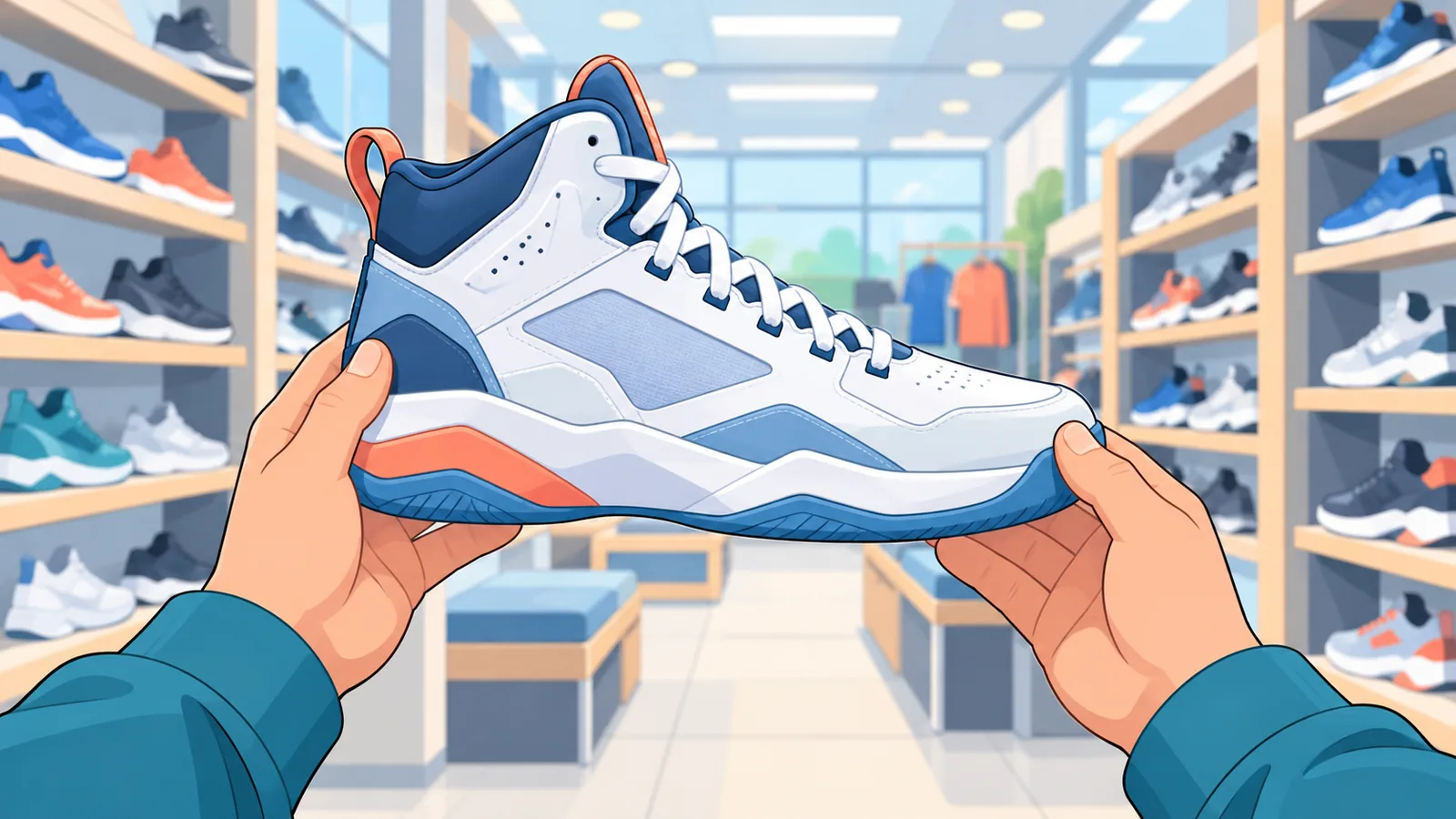 Mamimili na may hawak na abot-kayang basketball shoes sa tindahan