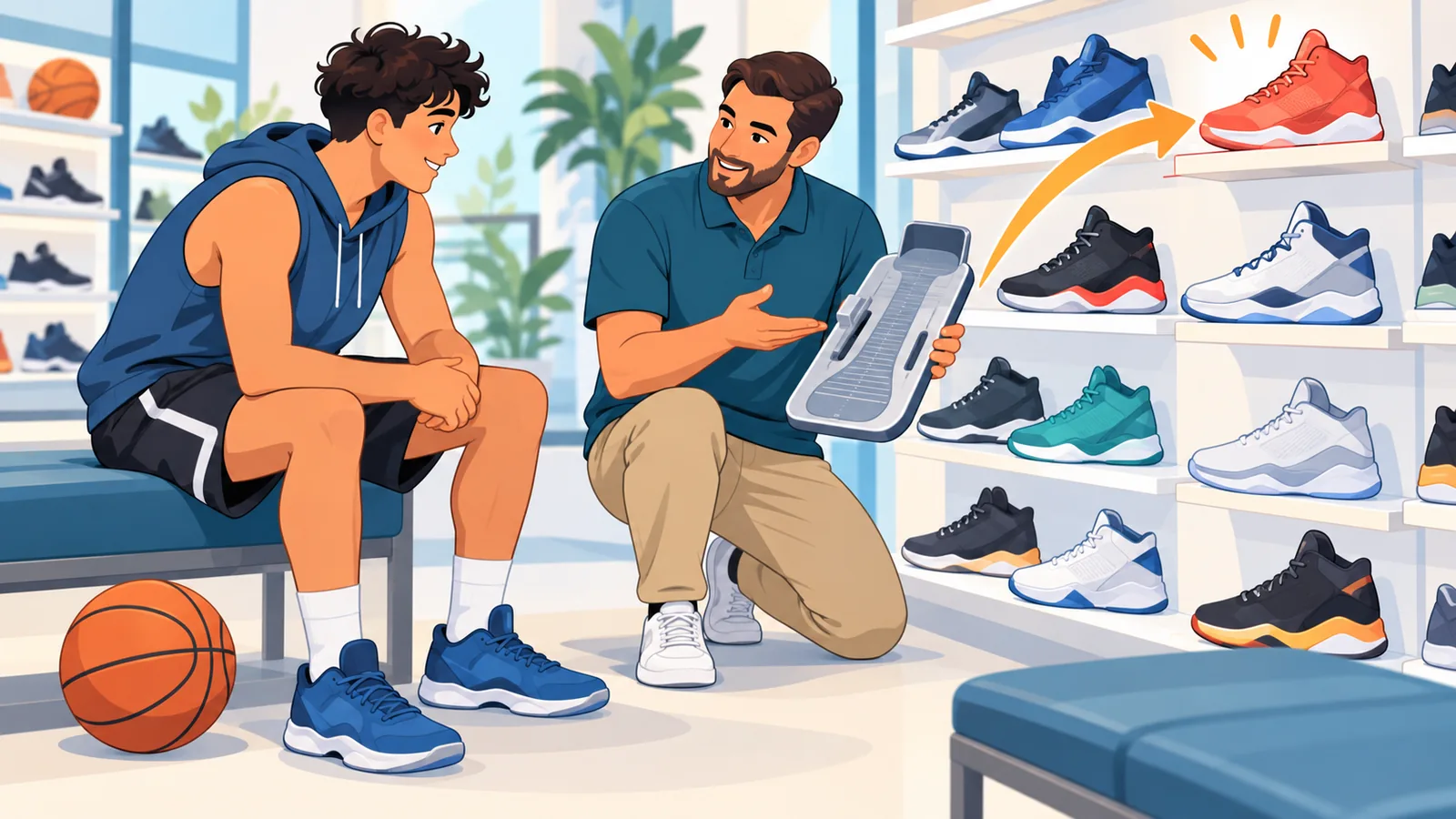 Manlalarong nagtatanong sa tindahan tungkol sa laki ng sapatos