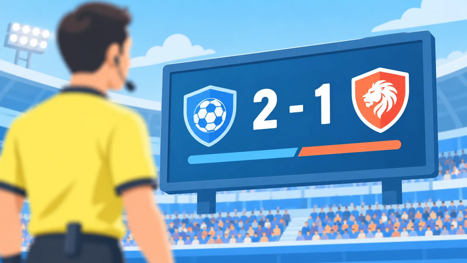 Scoreboard ng istadyum na nagpapakita ng resulta ng laro