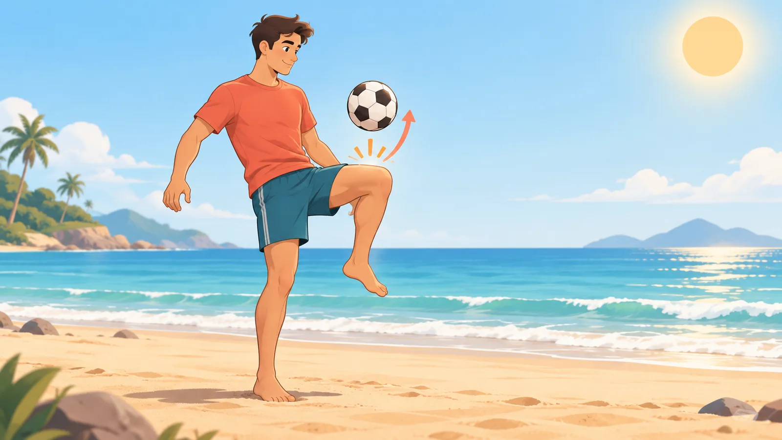 Manlalarong tumatapik ng bola gamit ang hita sa dalampasigan