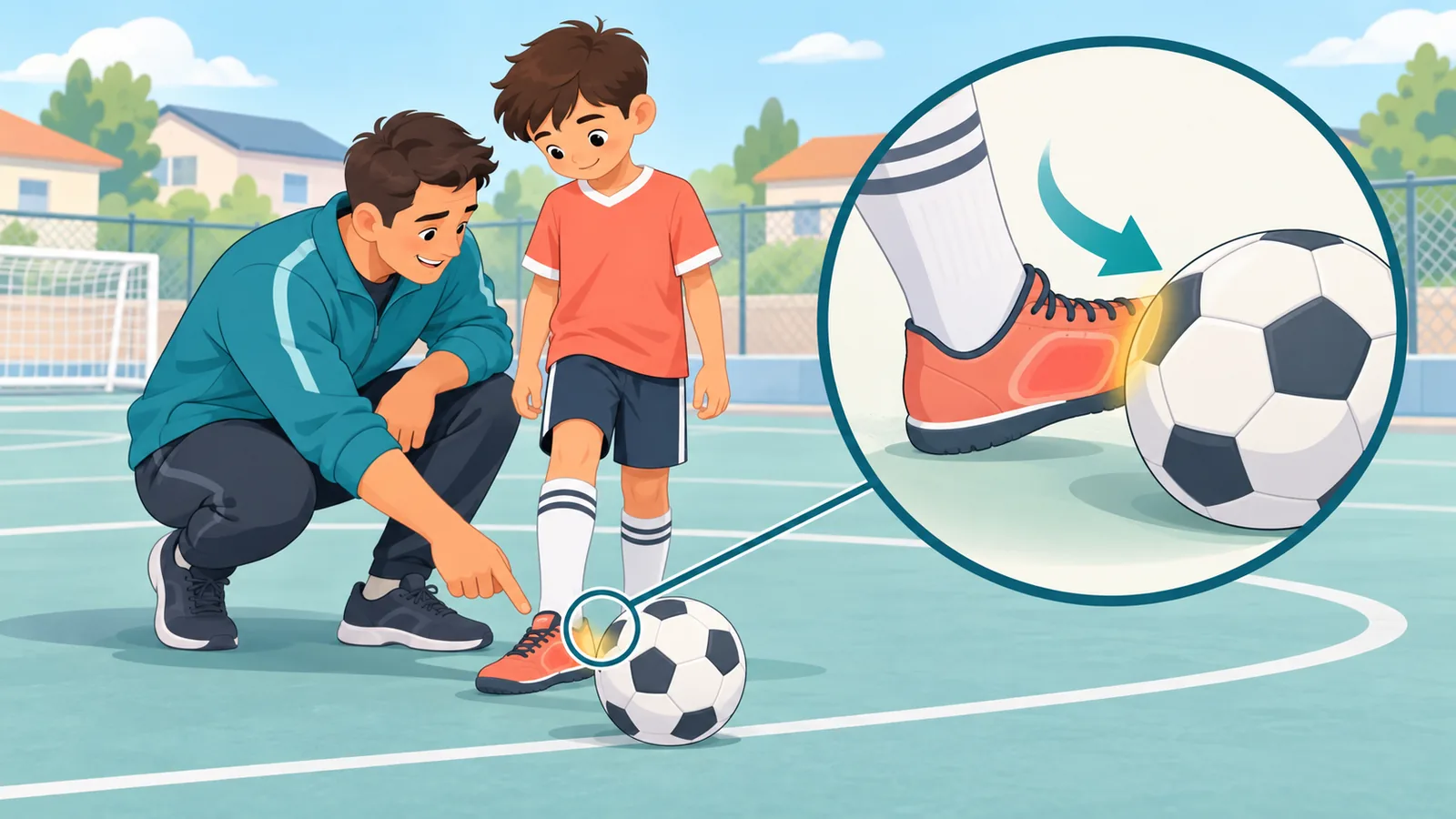 Coach na nagtuturo sa bata kung saan tatamaan ang bola