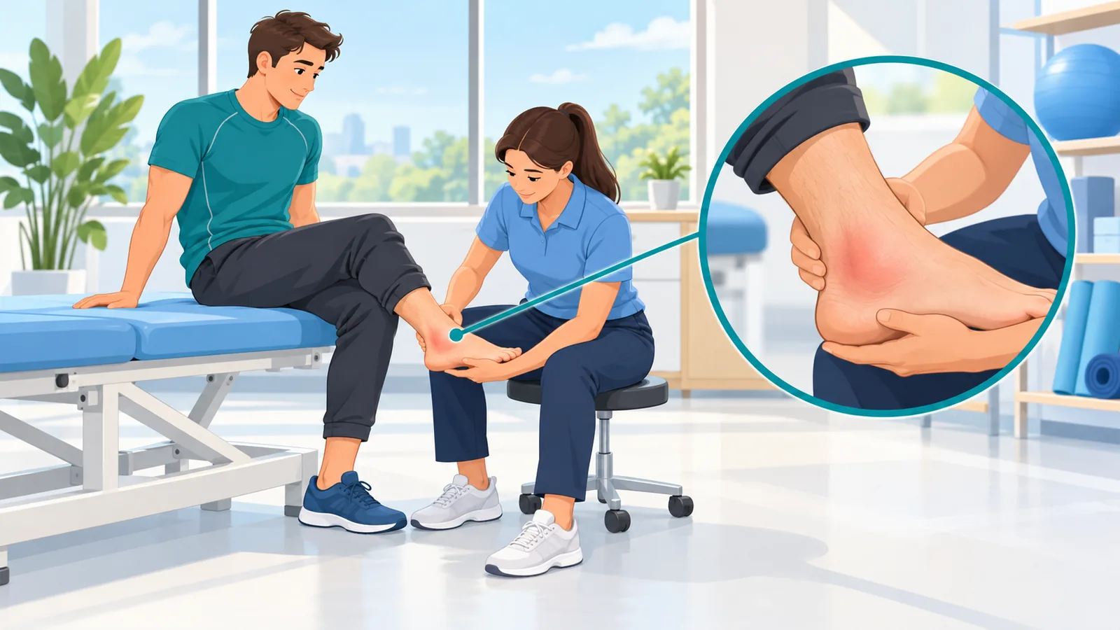 Physiotherapist na sinusuri ang bukung-bukong ng atleta