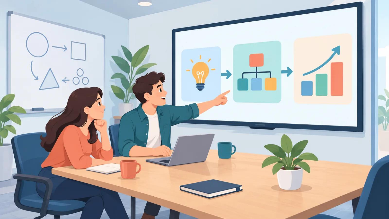 Dalawang miyembro ng team na sinusuri ang pitch deck sa monitor