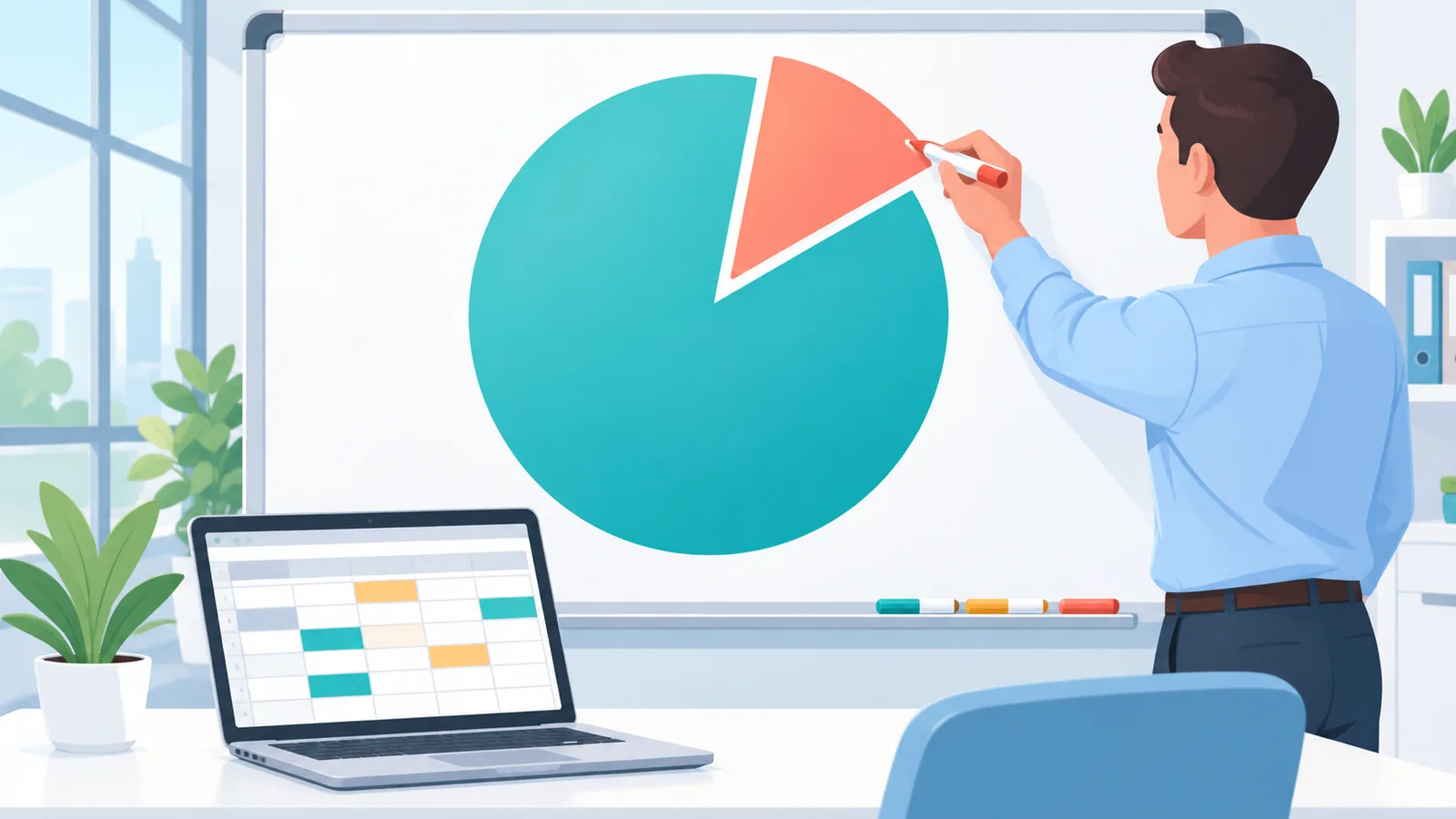Pie chart sa whiteboard na nagpapakita ng bahagi ng shares
