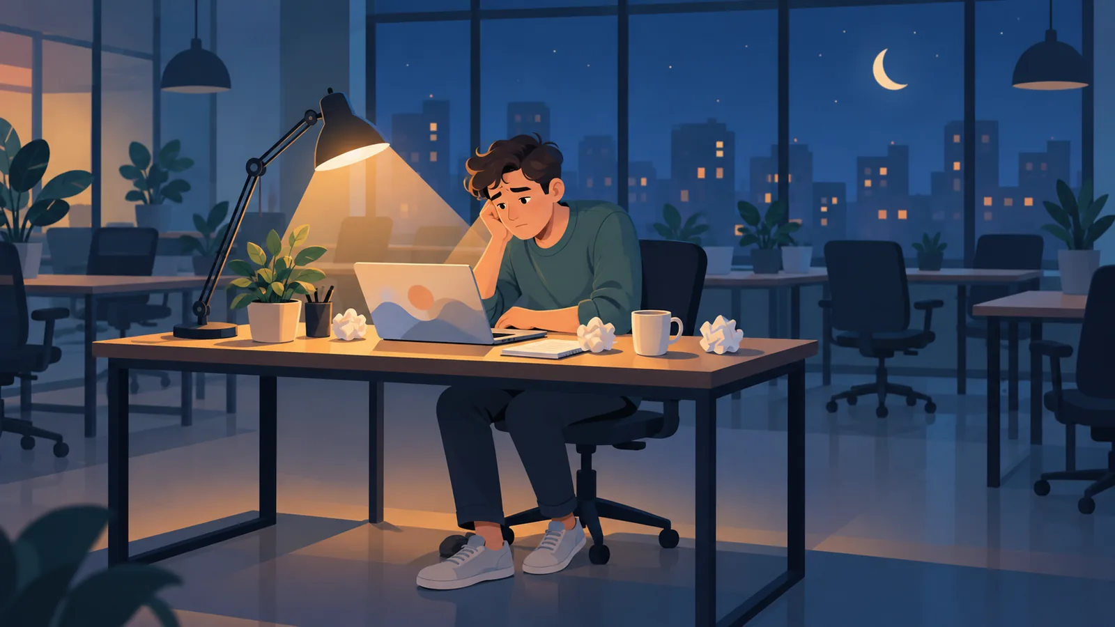 Founder na nag-iisip sa harap ng laptop sa gabi