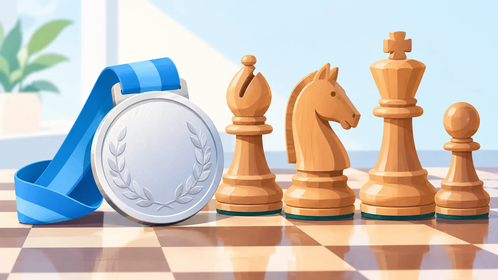 Pilak na medalya katabi ng mga piyesa ng chess