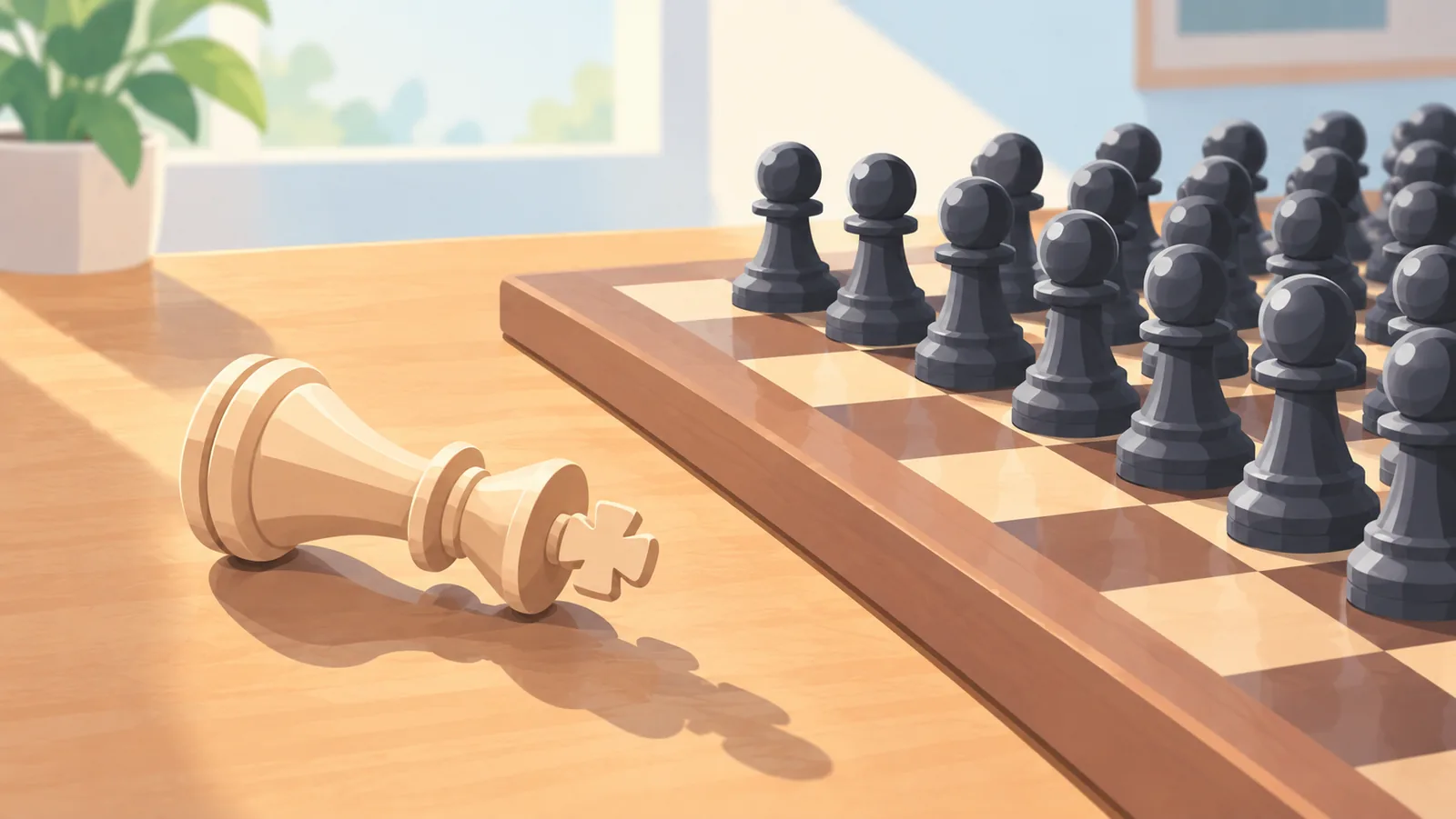 Natumbang hari ng chess katabi ng board na puno ng magkakaparehong piyesa