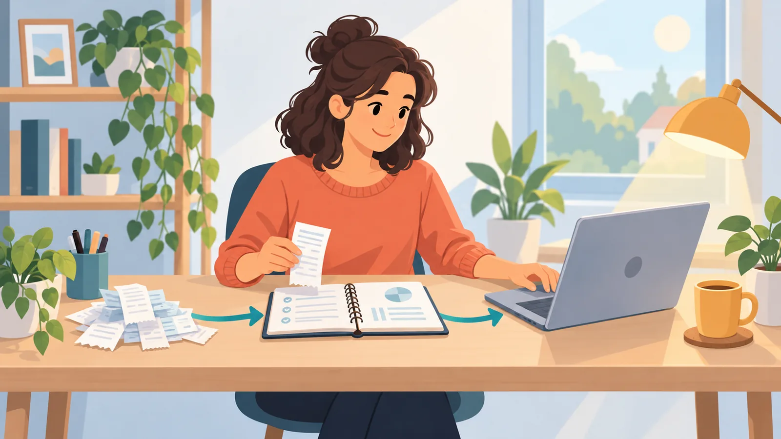 Freelancer na may laptop at resibo sa home office