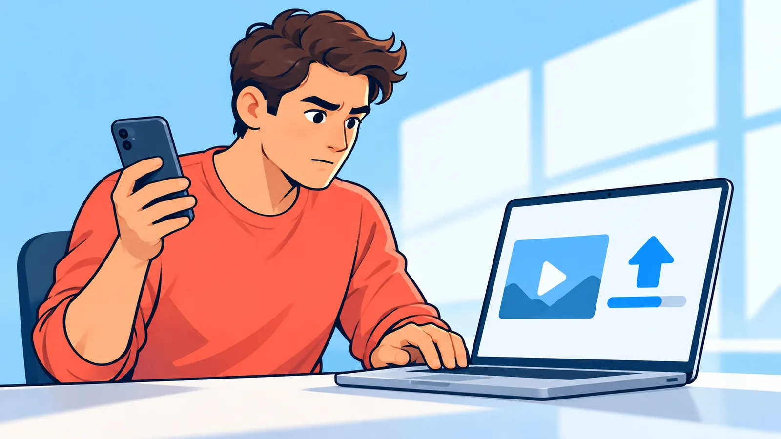Taong nag-a-upload ng video mula sa laptop at telepono