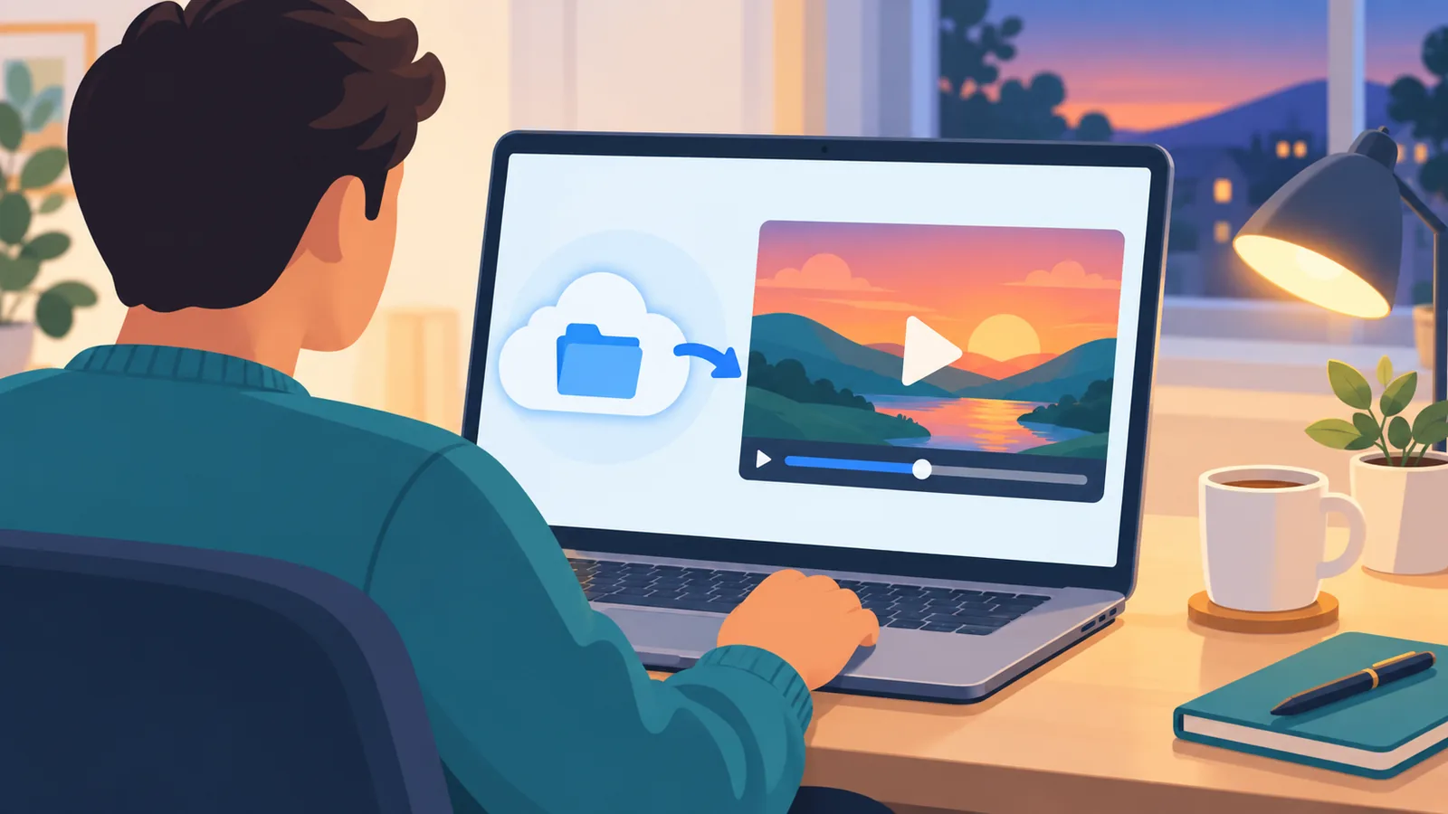 Laptop na nagpe-play ng video mula sa cloud folder