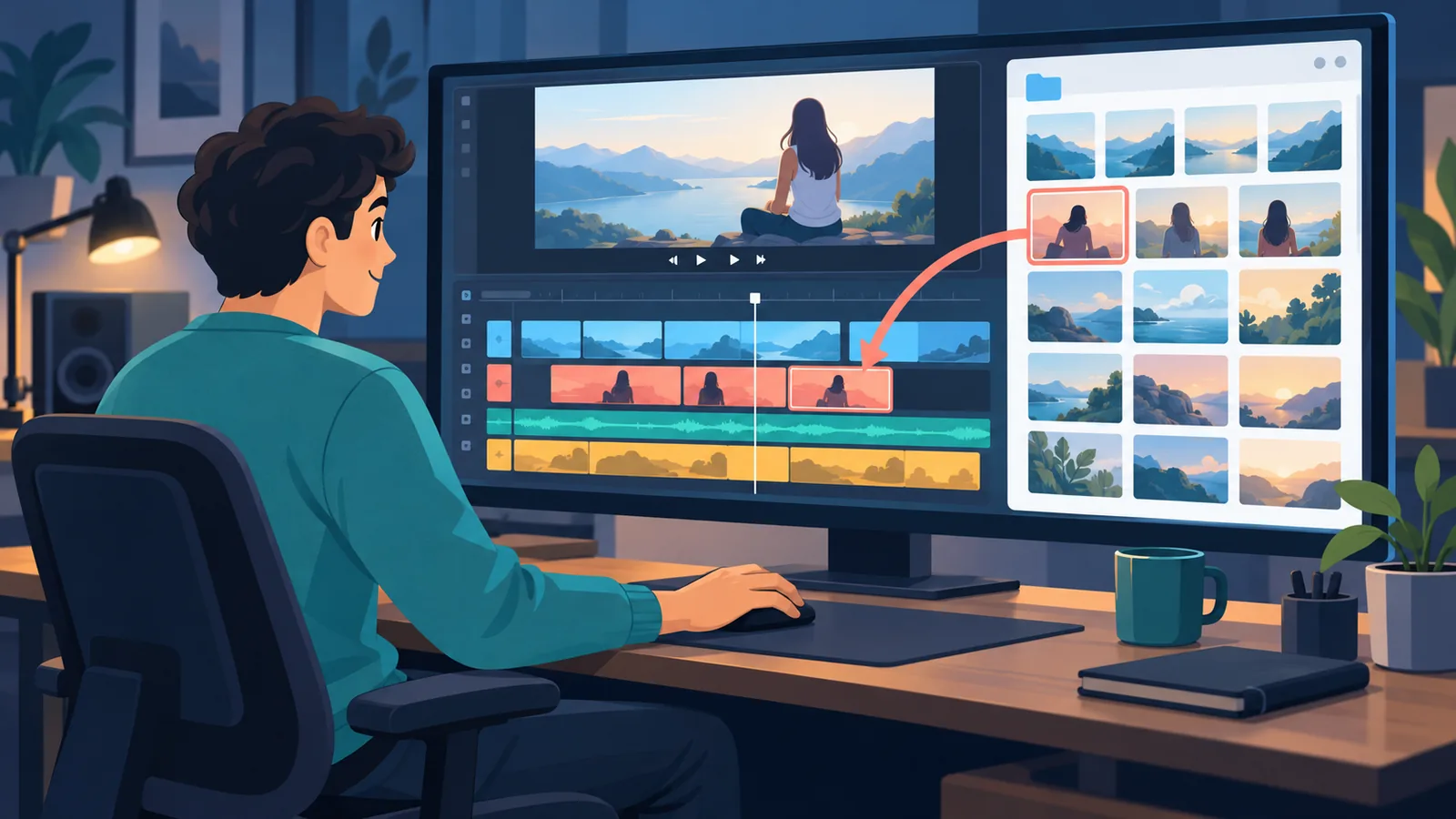 Video editor na nagtatrabaho sa timeline katabi ang synced na folder