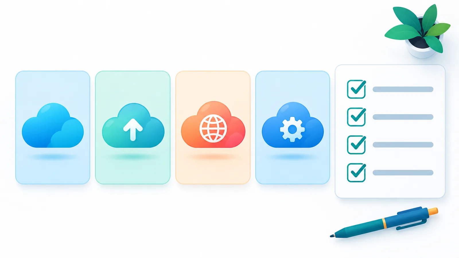 Apat na simpleng icon ng cloud katabi ng checklist