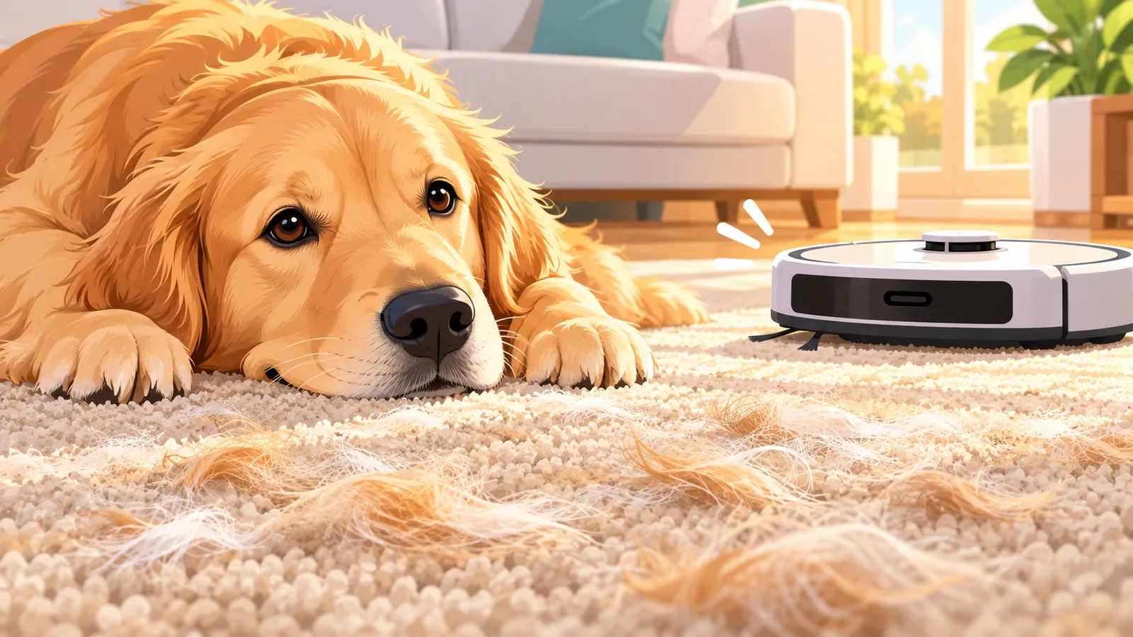 Asong golden retriever sa karpet na may buhok habang papalapit ang robot vacuum
