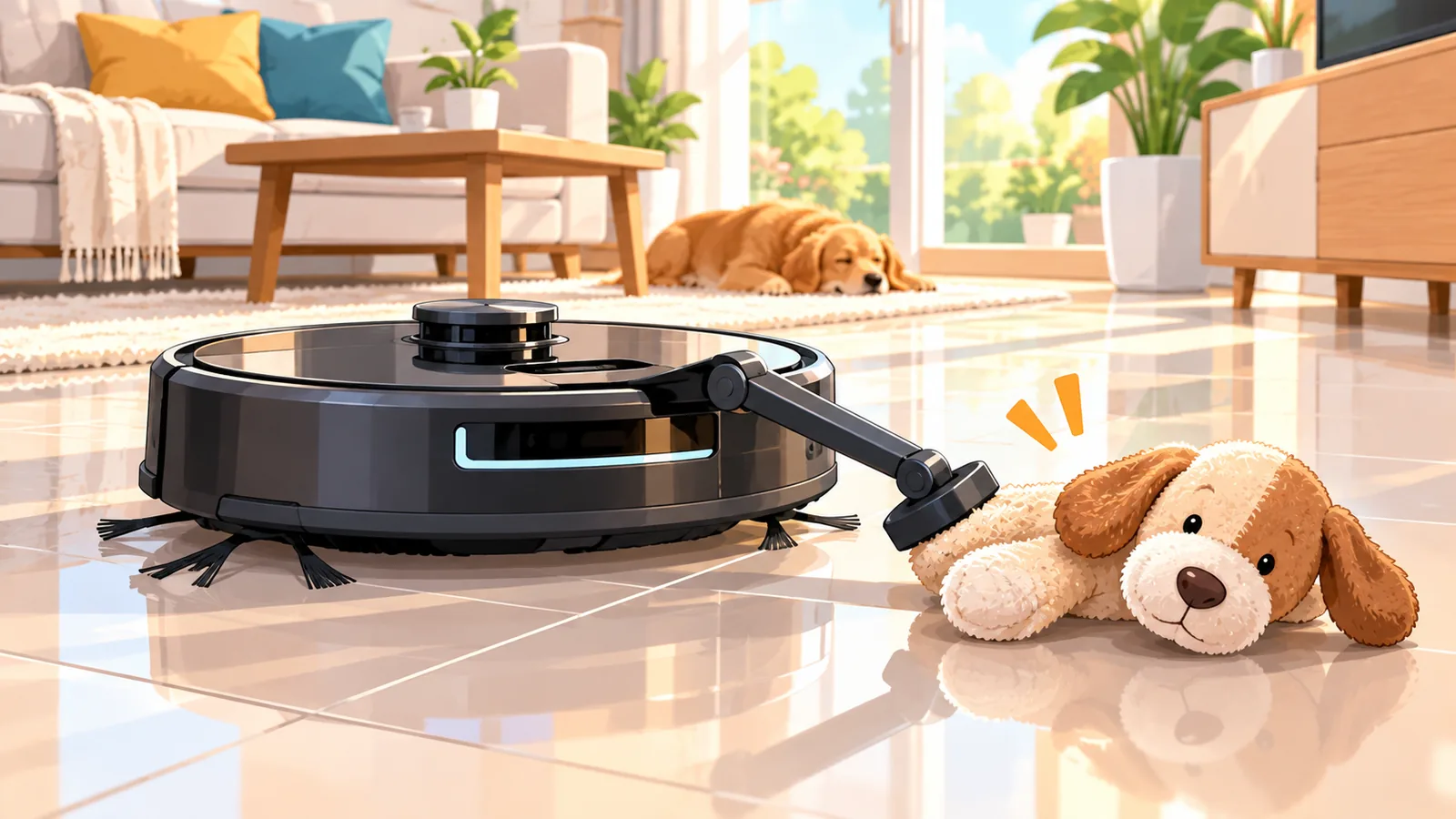 Robot vacuum na may mekanikal na braso na naglilipat ng laruan ng aso sa tile