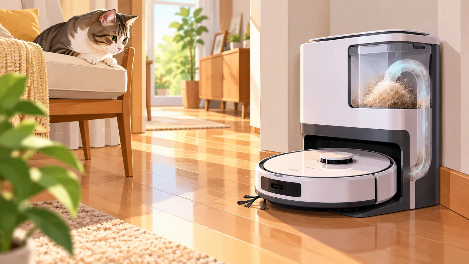 Robot vacuum sa auto-empty dock habang nakamasid ang pusa