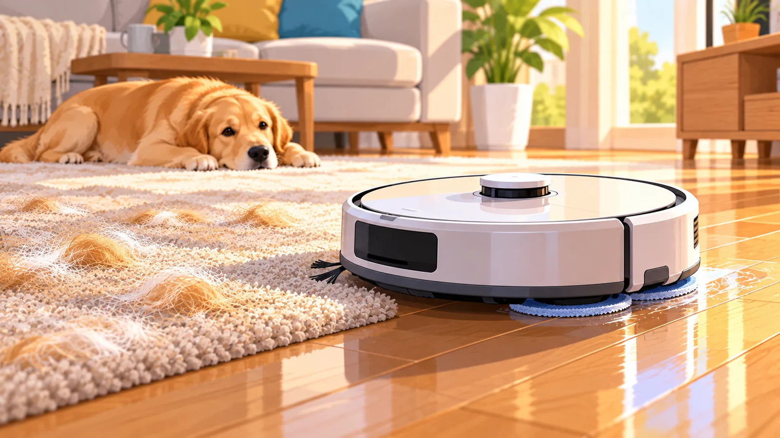 Robot vacuum na may mop sa sahig na kahoy malapit sa rug na may buhok ng alaga