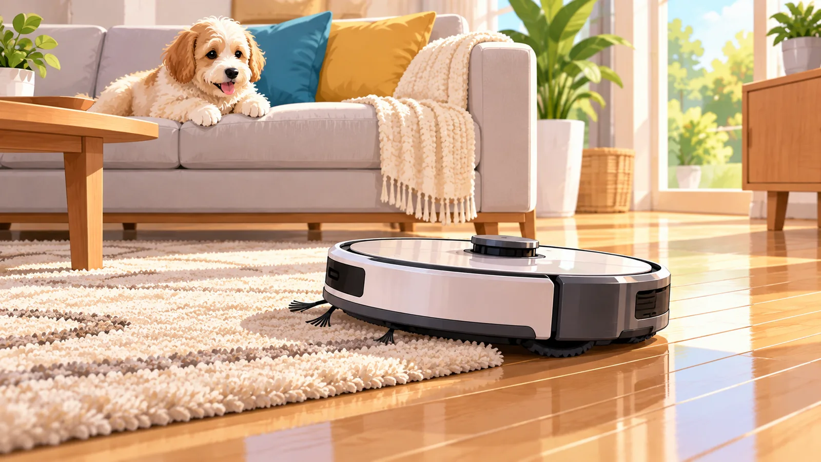 Robot vacuum na tumatawid mula rug papunta sa matigas na sahig habang nakaupo ang aso