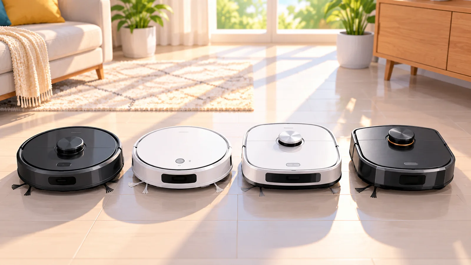 Apat na robot vacuum na magkakahilera para sa paghahambing