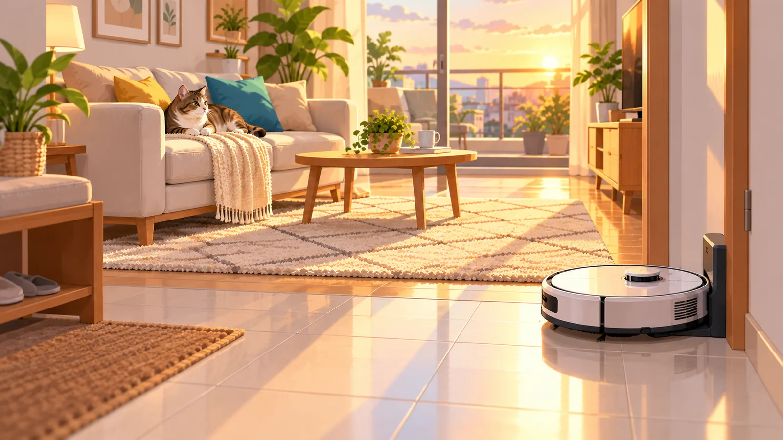 Sala na may tile at rug, pusa sa sofa, at robot vacuum malapit sa pinto