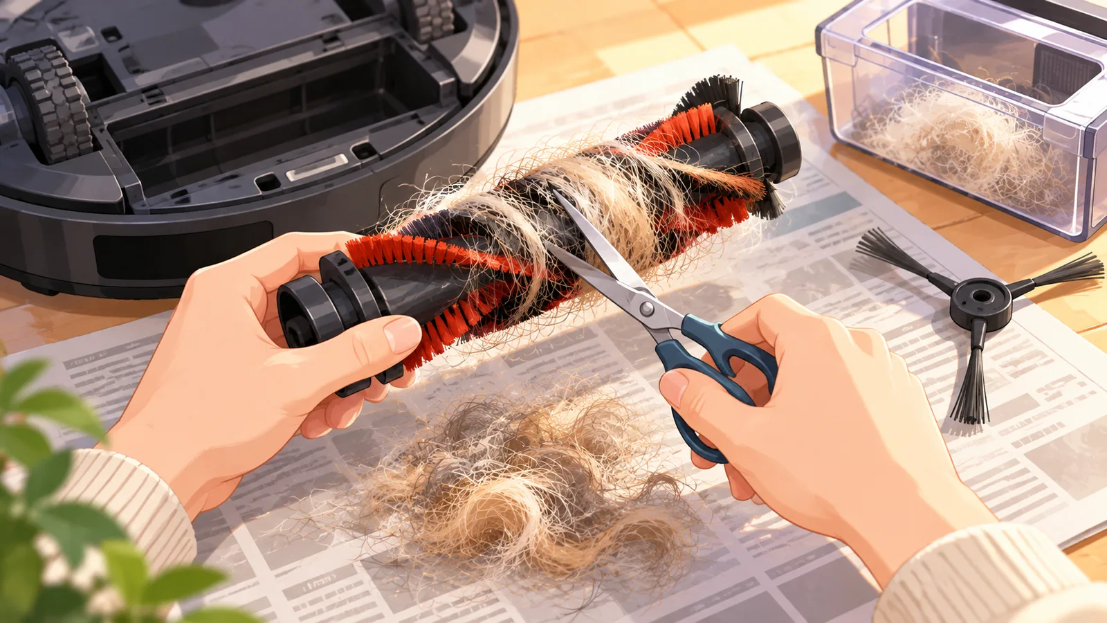 Paggupit ng nabuhol na buhok ng alaga mula sa brush roll ng robot vacuum