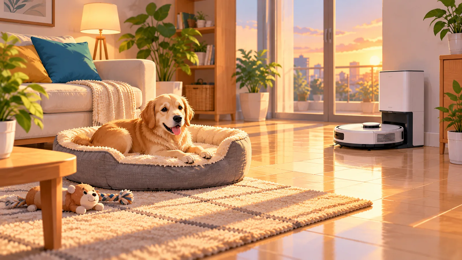 Malinis na sala na may higaan ng aso at robot vacuum sa dock