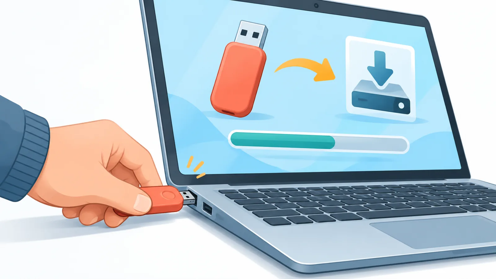 Kamay na nagsasaksak ng USB installation drive sa laptop