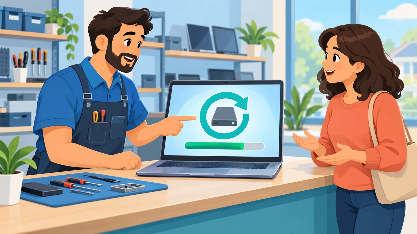 Technician at customer na sinusuri ang laptop sa repair shop