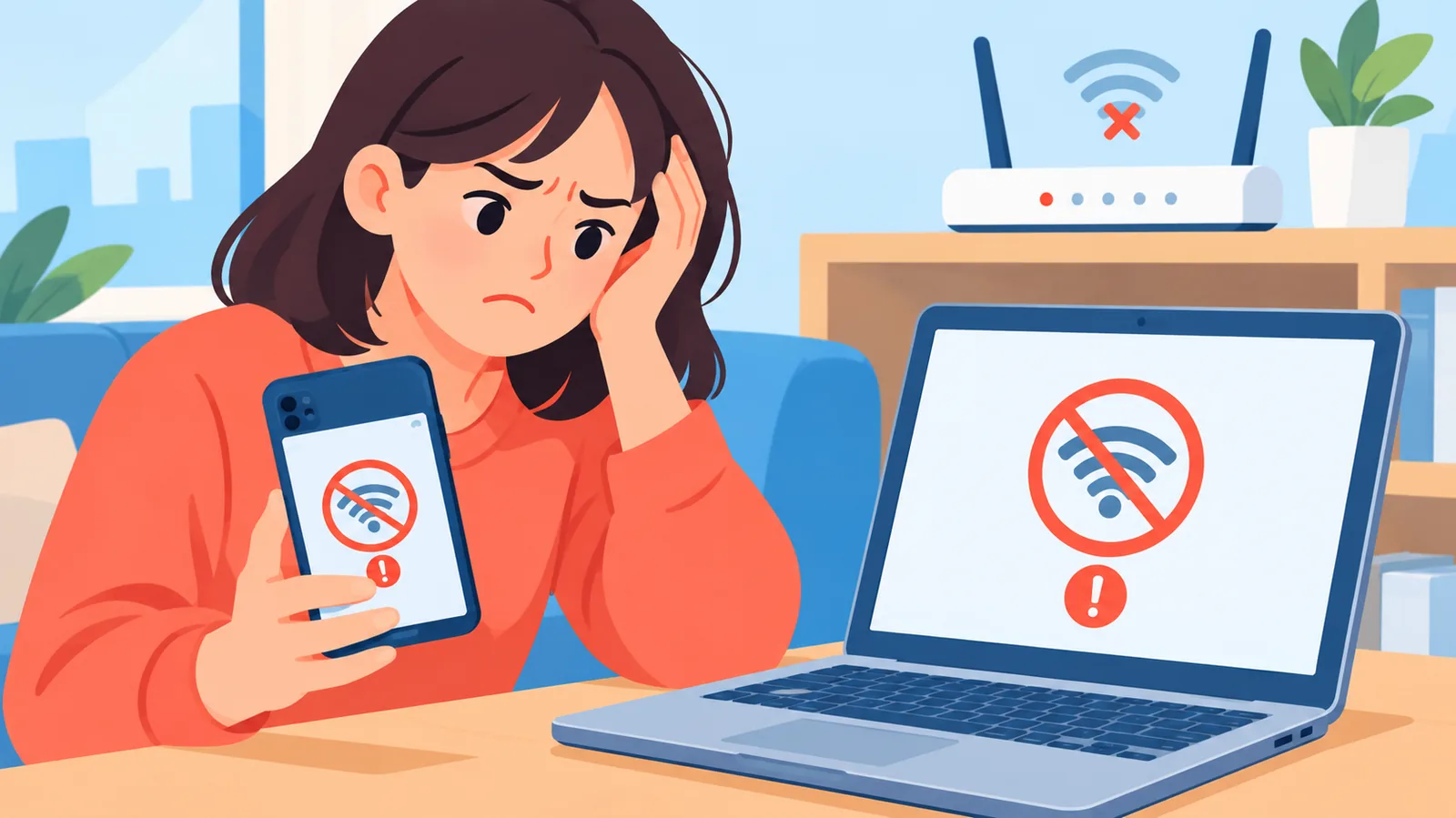 Taong may telepono at laptop na parehong walang internet, may router sa likod
