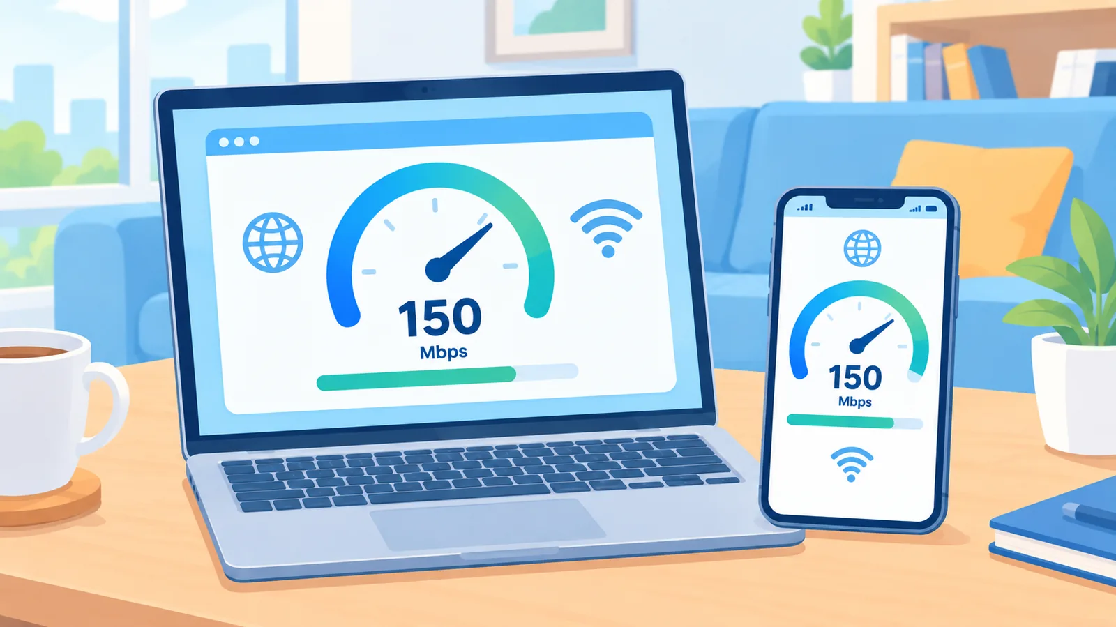Laptop at telepono na nagsasagawa ng speed test
