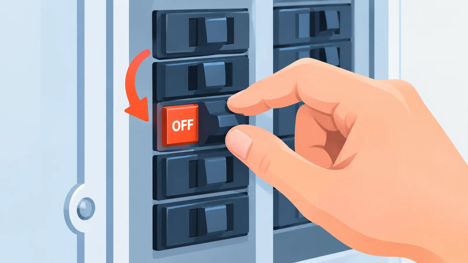 Breaker panel na may handle na nasa OFF o TRIP na posisyon