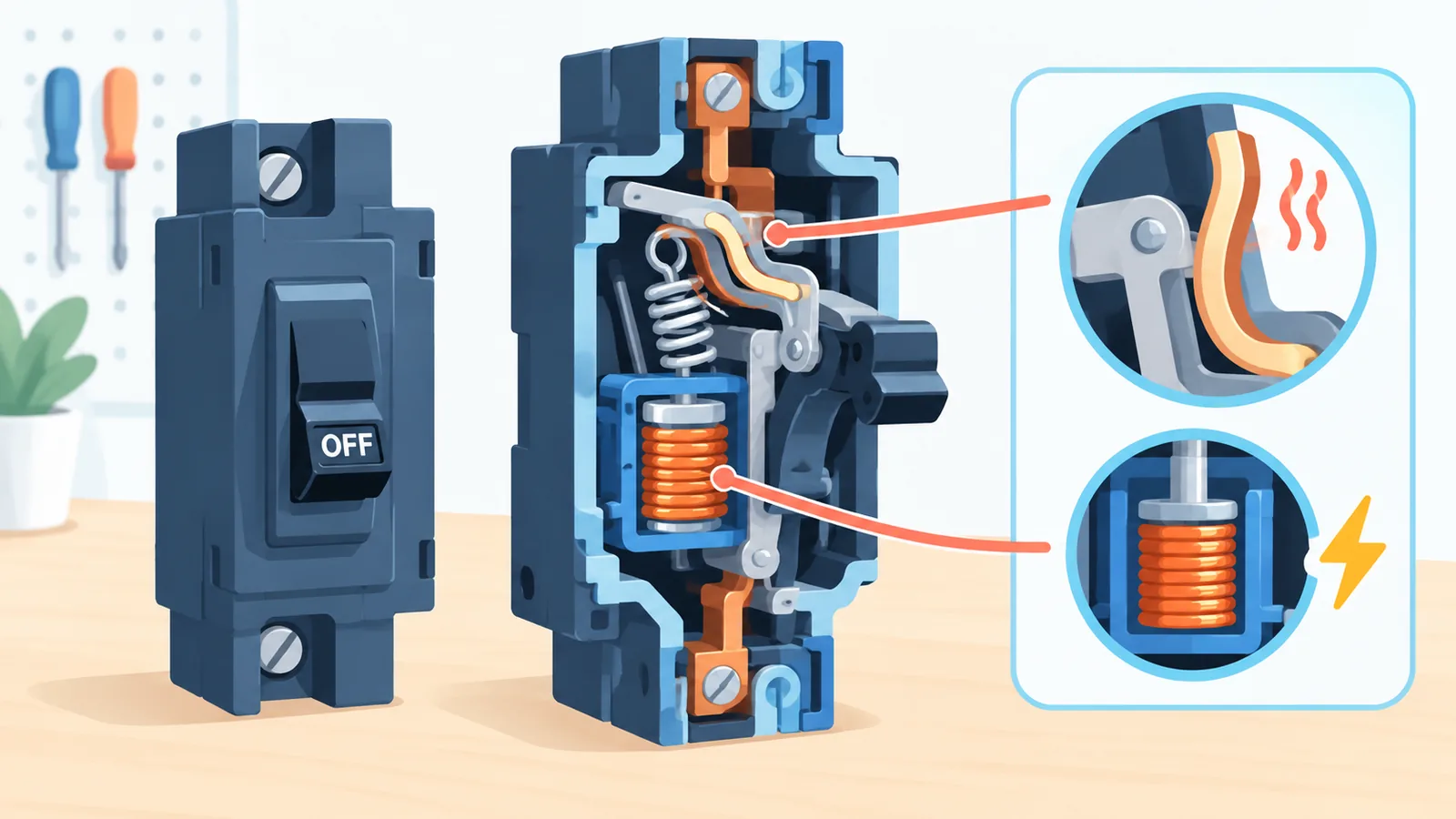 Simpleng ilustrasyon ng loob ng circuit breaker
