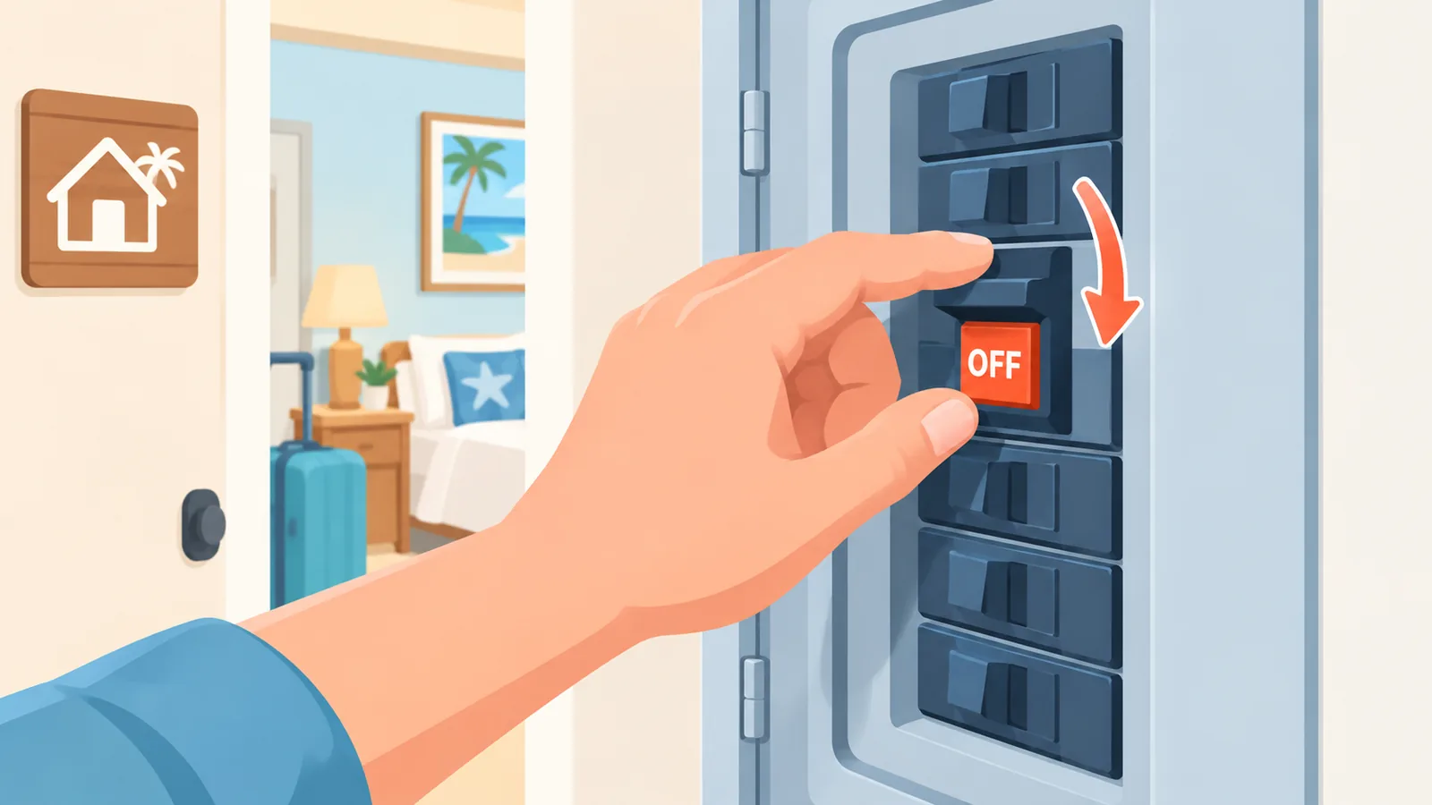 Kamay na nagpapatay ng may-label na breaker sa utility closet ng tinutuluyan