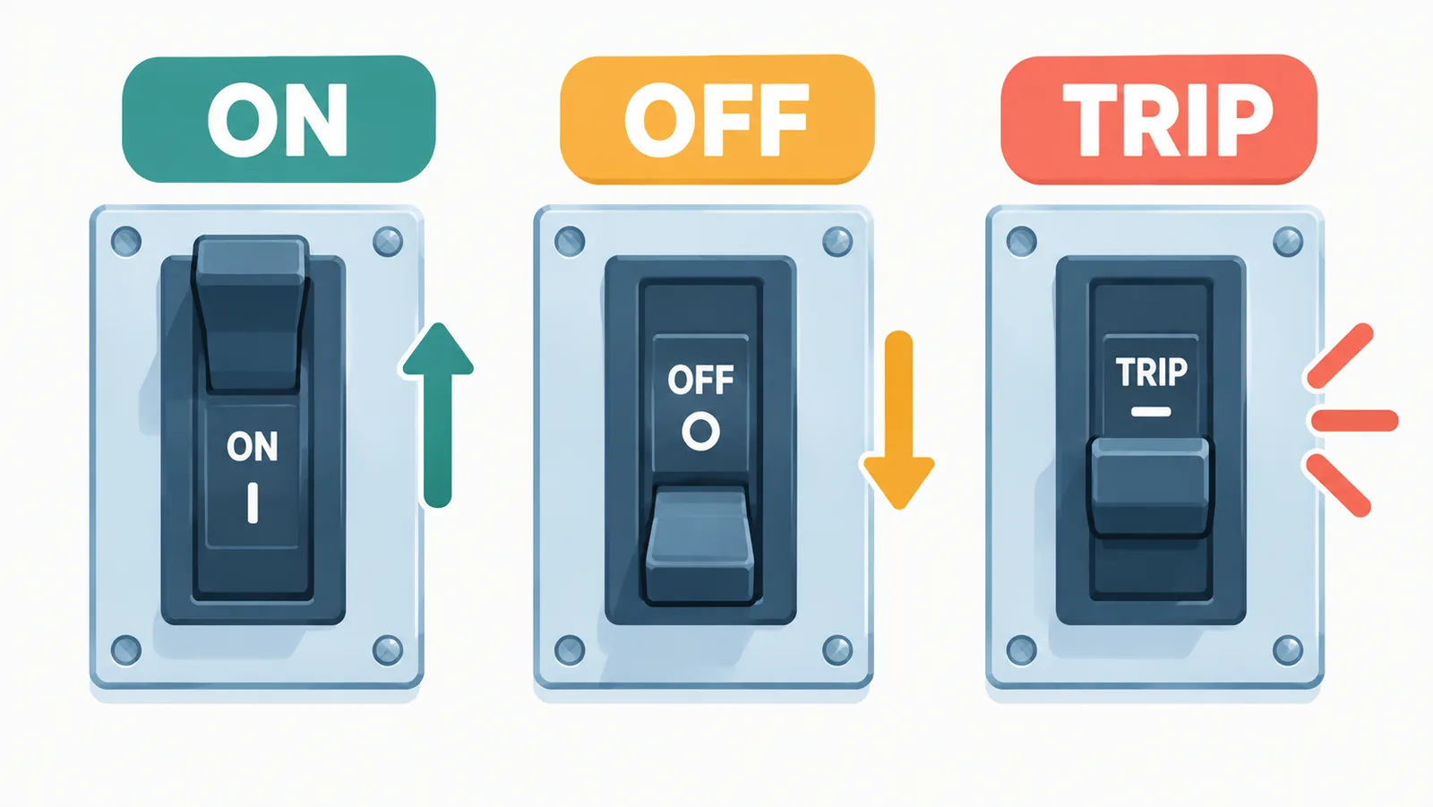 Mga handle ng breaker sa ON, OFF at TRIP na posisyon