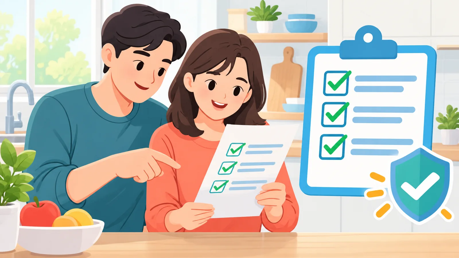 Host at bisita na nagbabasa ng printed na checklist sa kusina