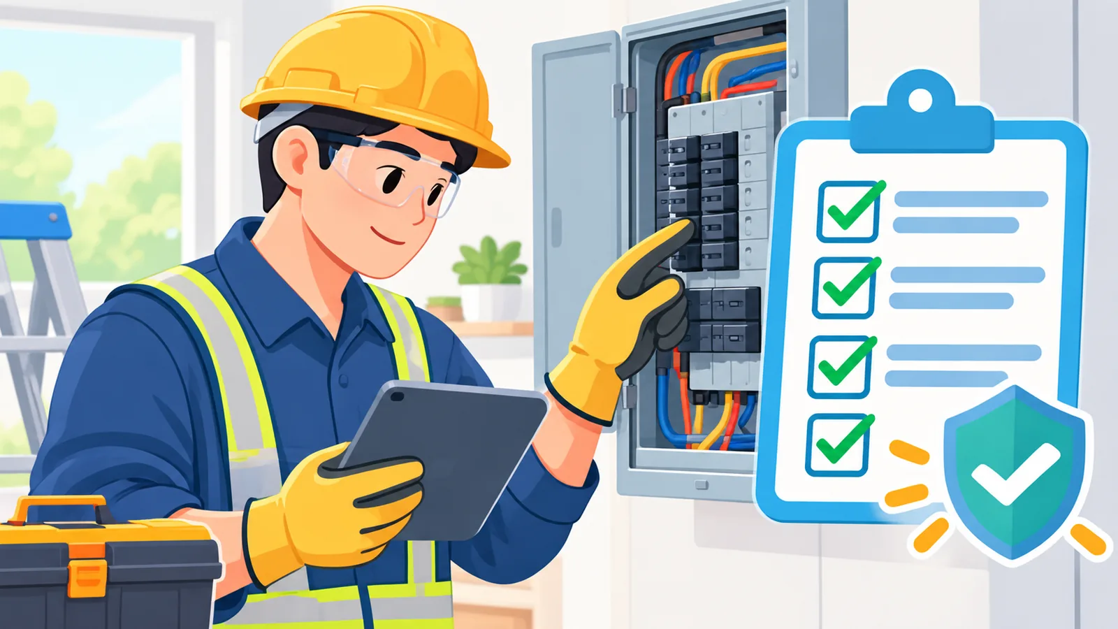 Lisensyadong electrician na sumusuri ng panel gamit ang tablet