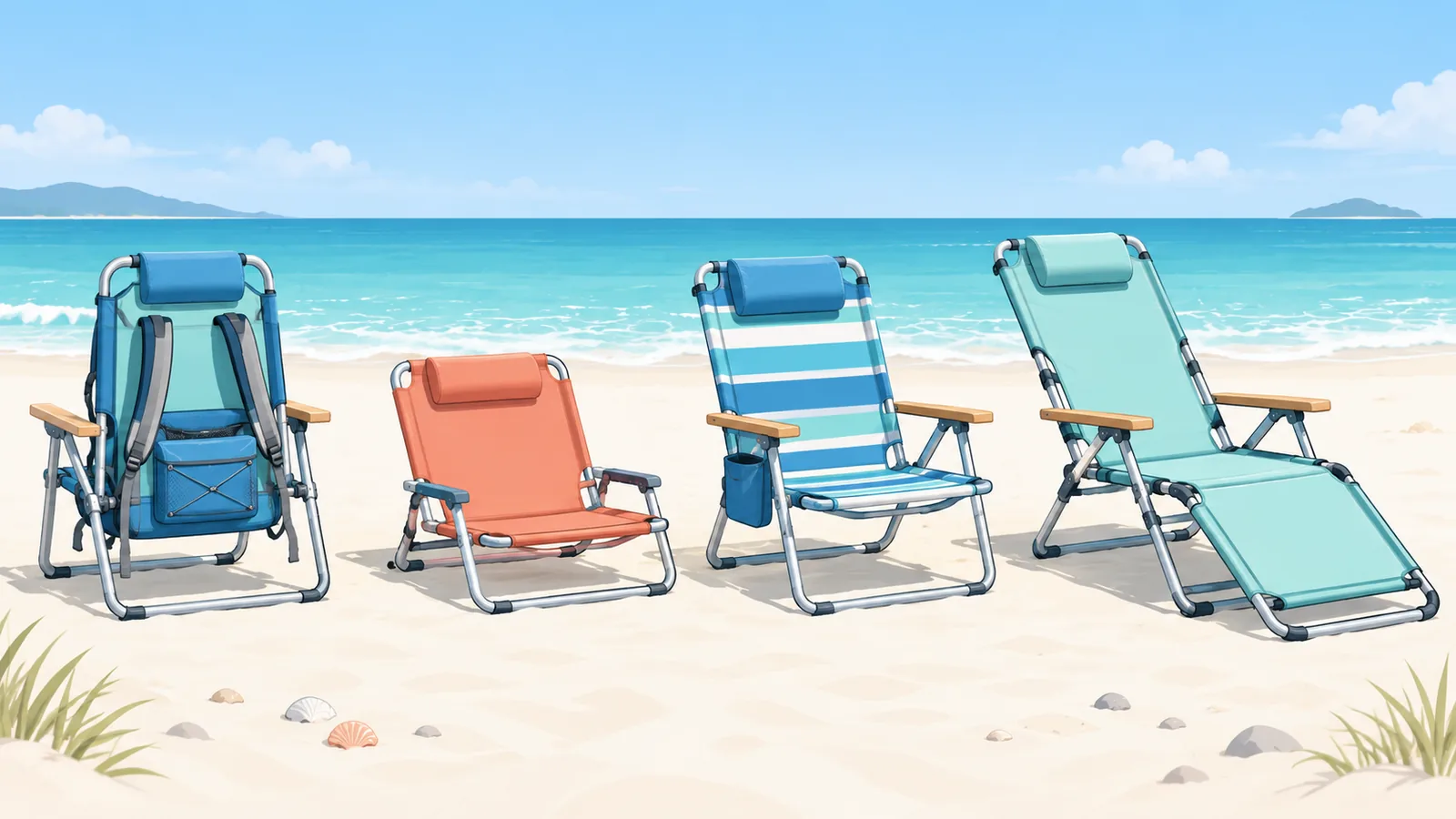 Iba-ibang uri ng beach chair na magkakahilera sa buhangin